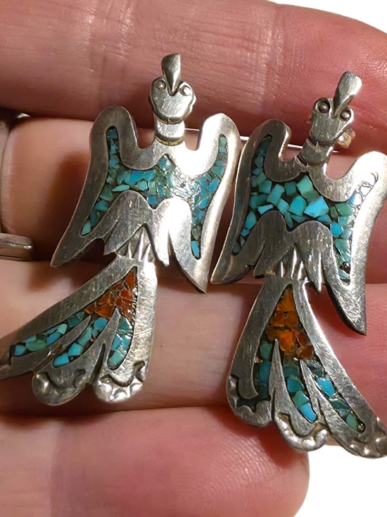 Native American Jewelry - Turquoise & Coral Inlay Thunderbird Post Earrings Sterling Silver- Women Jewelry